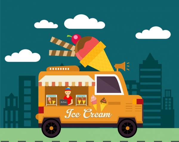 冰淇淋广告递送车图标城镇背景