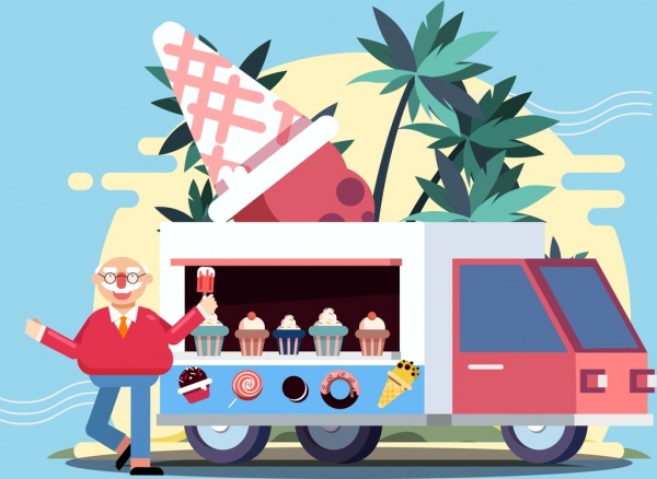 アイスクリーム広告男トラック アイコン漫画のデザイン