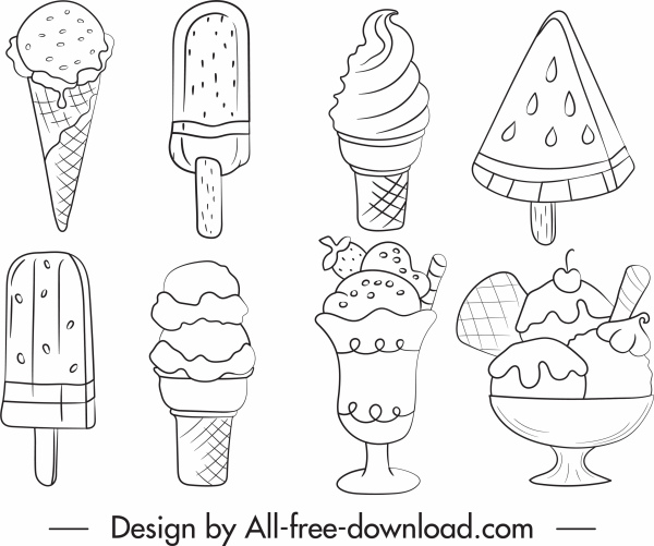 iconos de helado blanco negro dibujado a mano bosquejo
