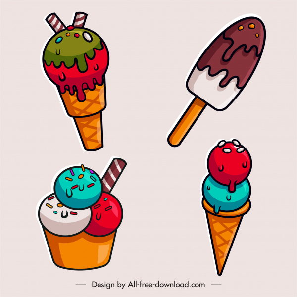 ícones de sorvete brilhante flat esboço clássico colorido