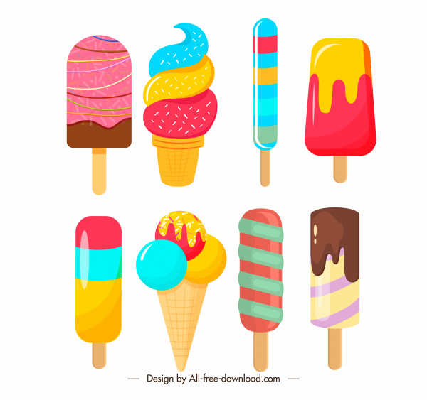 아이스크림 아이콘 다채로운 평면 모양 스케치
