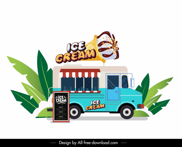 caminhão de sorvete esboço plana colorida de ícone