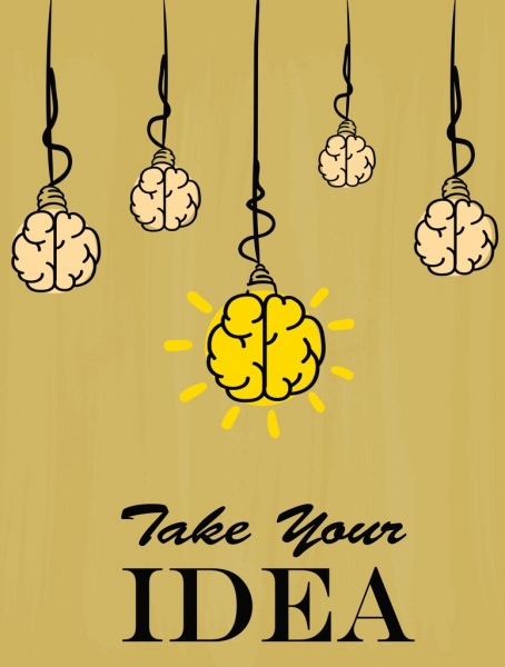 Idea concepto banner bombillas cerebro iconos handdrawn diseño
