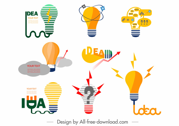idéia conceito ícones planos lâmpadas formas coloridas design