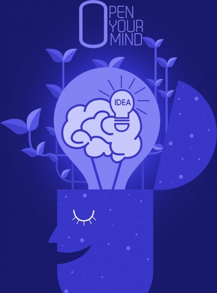 Idee Plakat dunkel blau Gehirn Kopf Glühbirne Symbole