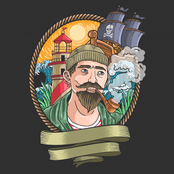 海盜在背景中用波浪和海盜船吸煙的例證