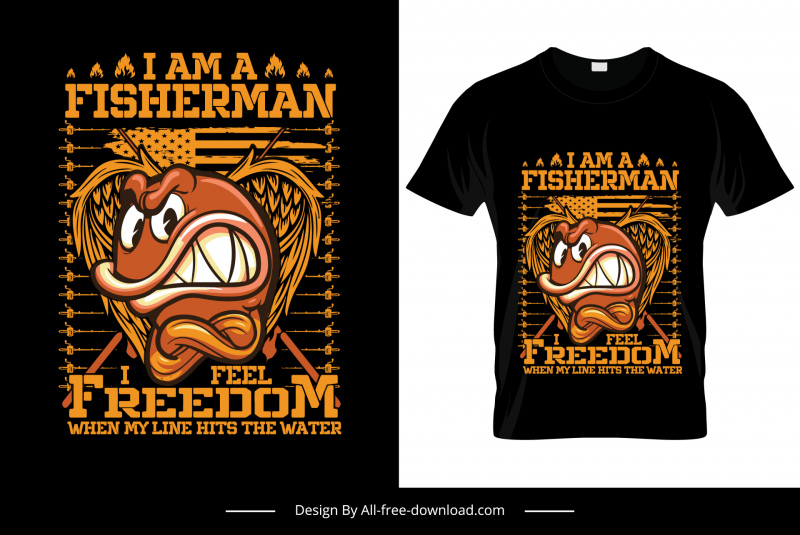 메신저 어부 나는 자유 인용 티셔츠 템플릿 만화 화난 물고기 스케치를 느낀다.