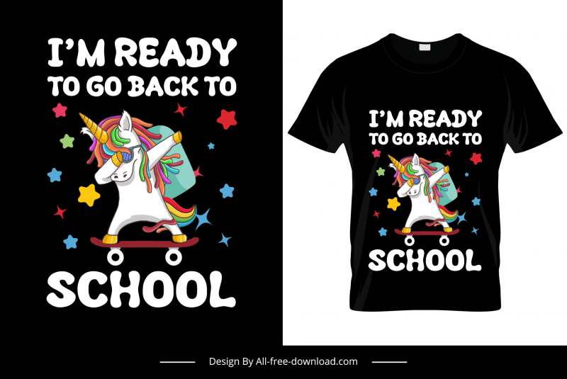 イムは学校Tシャツテンプレート面白いダイナミックな様式化されたユニコーンスケッチに戻る準備ができています
