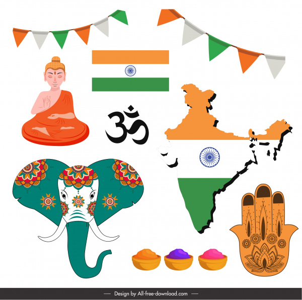 índia elementos de design colorido plano símbolos clássicos esboço