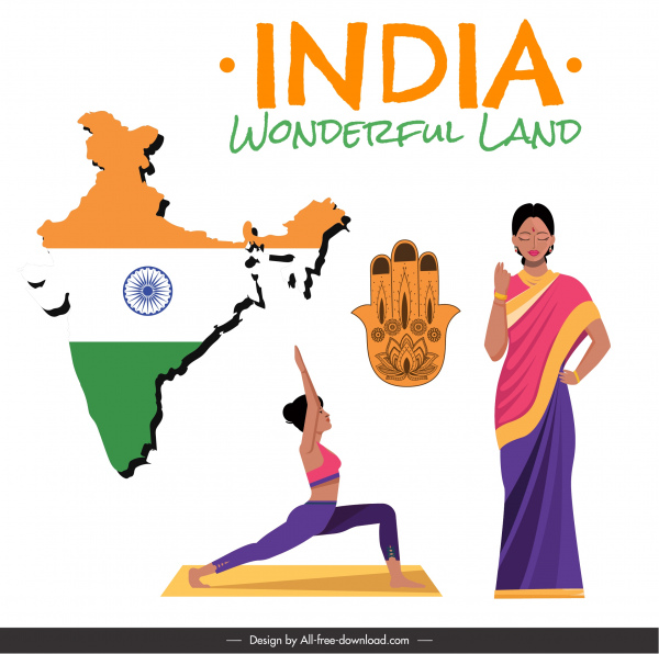 Indien Design Elemente Flagge Karte Kostüm Yoga Skizze