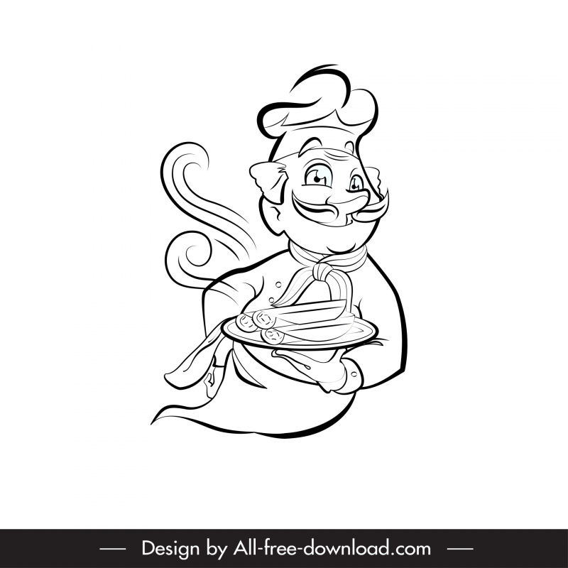 Ícone do chef indiano preto branco desenhado à mão esboço dos desenhos animados