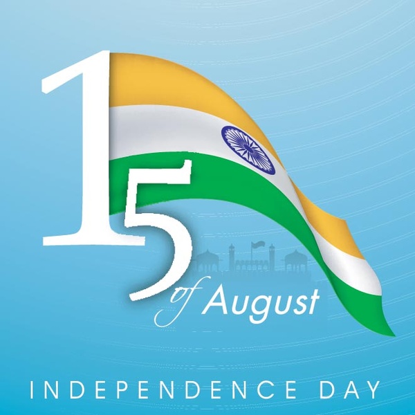 sventolando la bandiera indiana con testo di agosto giorno dell'indipendenza di vettore sfondo blu