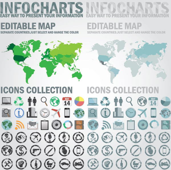 gráficos de informação destacam países com grunge ícone pacote kit desenhador de vetor