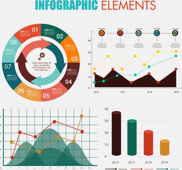 Elementos de Diseño infografico multicolor de columna ronda tipo de línea