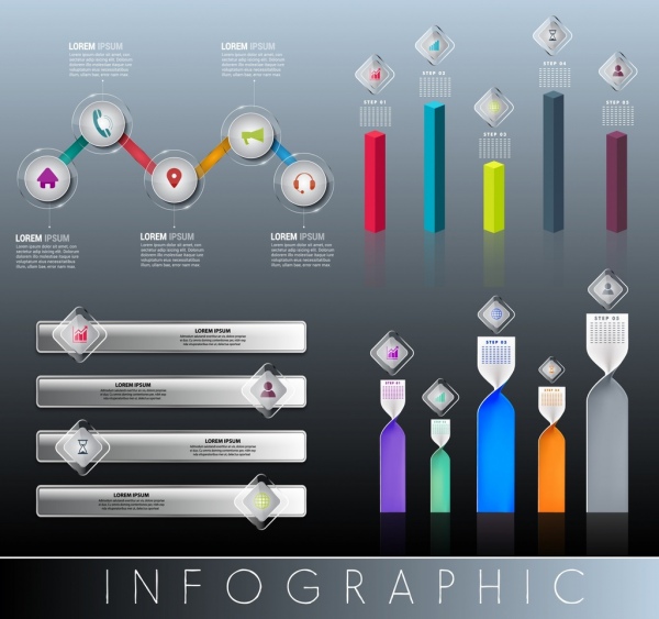 infographic elementy projektu, kolorowe błyszczące kształty