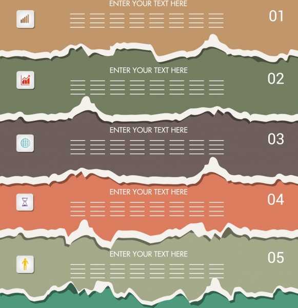 Infográfico design elementos multicoloridos papel rasgado decoração