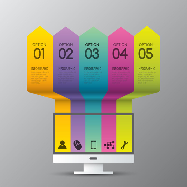 infographic desain dengan panah vertikal yang berwarna-warni dan televisi