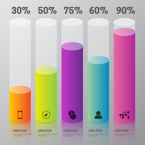 infographic desain dengan warna-warni vertikal silinder dan persentase
