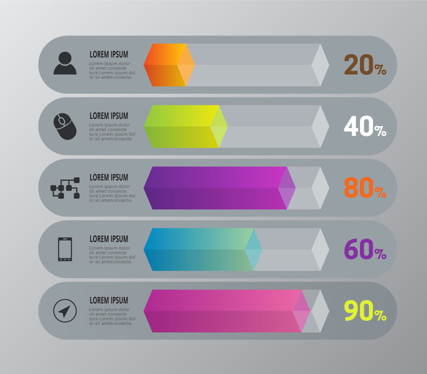 ออกแบบไดอะแกรม infographic กับก้อนแนวนอนและเปอร์เซ็นต์
