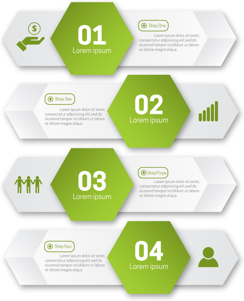 infographic иллюстрации с зеленым шестиугольники и горизонтальные вкладки