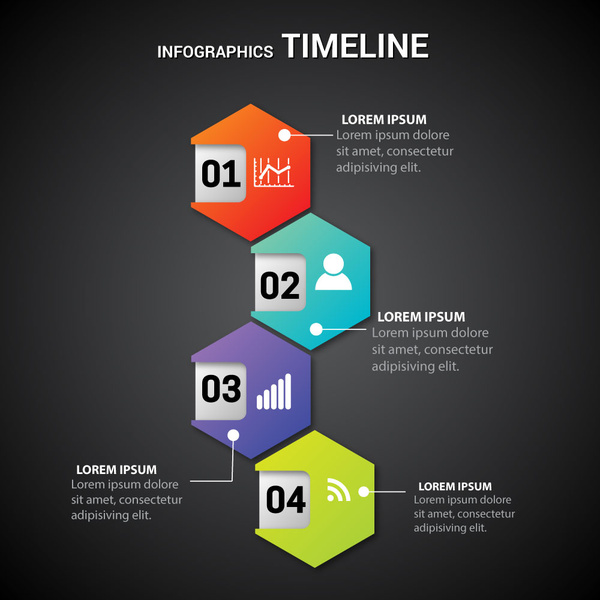 ilustrasi timeline infographic dengan segi enam di latar belakang gelap