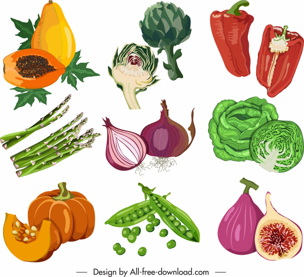 ingrediente ícones vegetais coloridos design retro