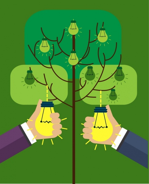 Concepto de innovación diseño mano elegir bombillas en árbol