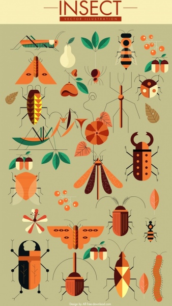 昆虫アイコンコレクション古典的な色の幾何学的なデザイン