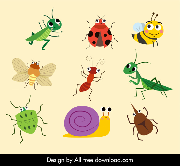 Insektenarten Symbole niedliche Kartonfiguren handgezeichnete Skizze