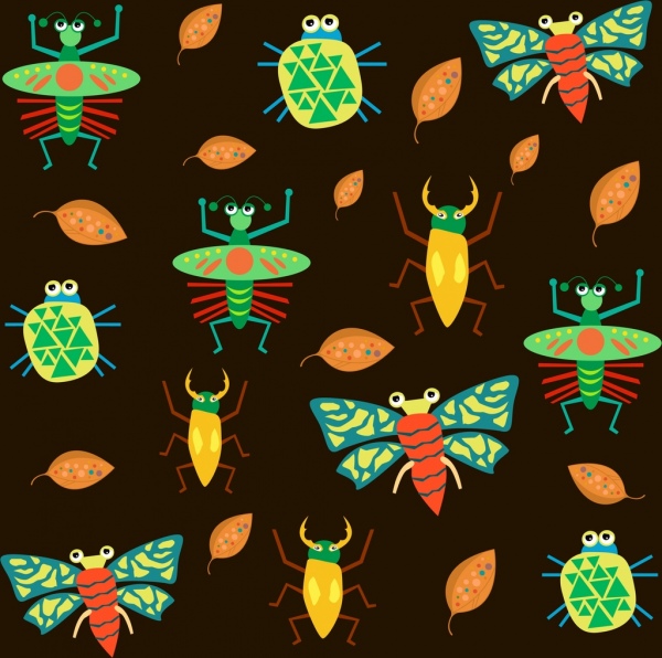 serangga latar belakang dekorasi warna-warni ikon mengulangi desain