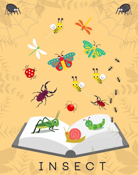 Insectos de fondo colorido decoracion diferentes emblemas icono de libro