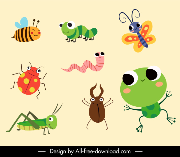 ícones insetos colorido flat desenho animado bonito