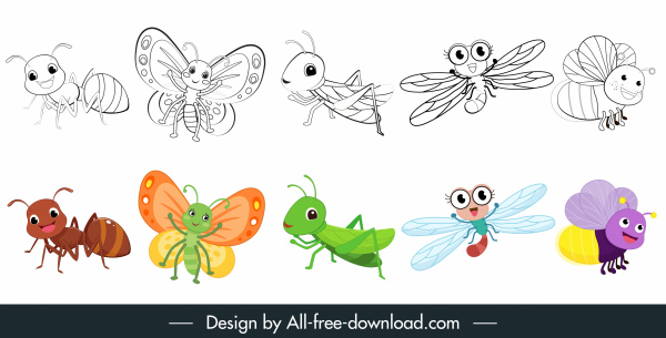 곤충 아이콘 귀여운 만화 스케치