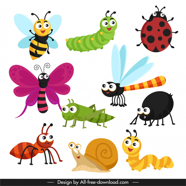iconos de insectos lindo boceto de dibujos animados de colores modernos