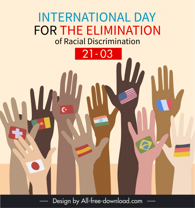 Internationaler Tag für die Beseitigung der Rassendiskriminierung Banner Vorlage flach dynamisch heben Hände Skizze