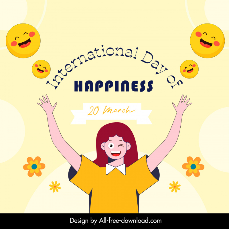 Internationaler Tag des Glücks Banner Vorlage Happy Girl Smiley Emoticon Blütenblätter Dekor