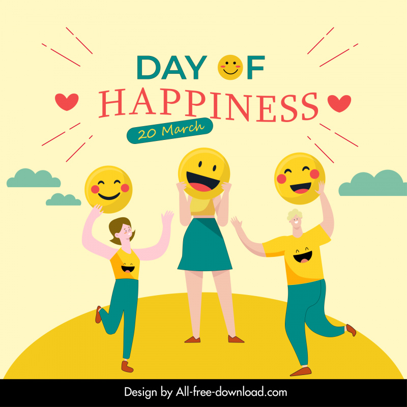 uluslararası mutluluk günü poster şablonu dinamik karikatür eskiz
