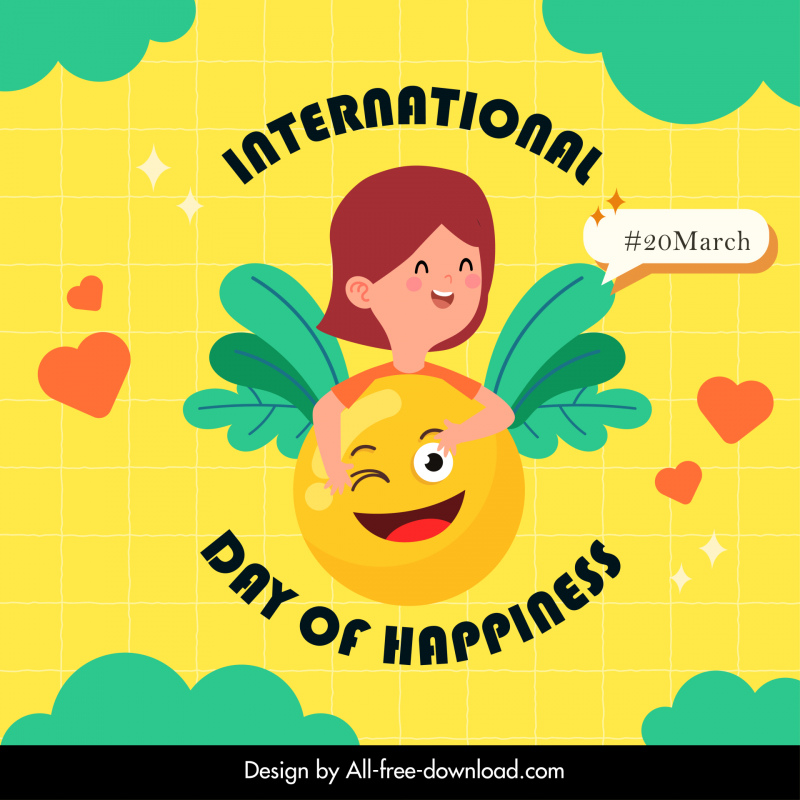 Template poster Hari Kebahagiaan Internasional Dekorasi emotikon lucu gadis