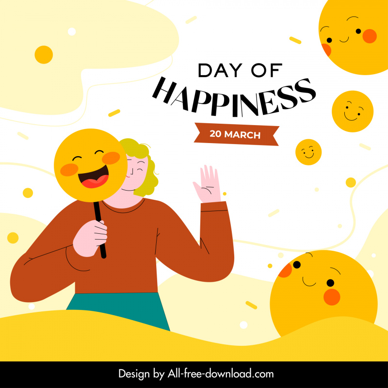 Cartel del Día Internacional de la Felicidad Mujer emoticono caras boceto