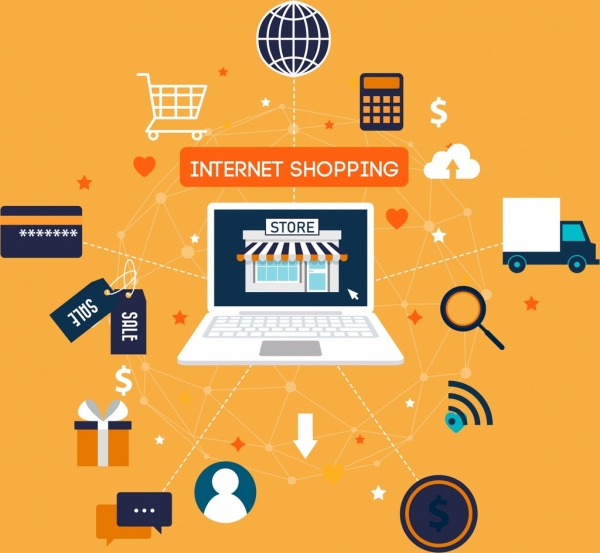 Internet-shopping-Konzept Banner Laptop Handel Symbole Symbole