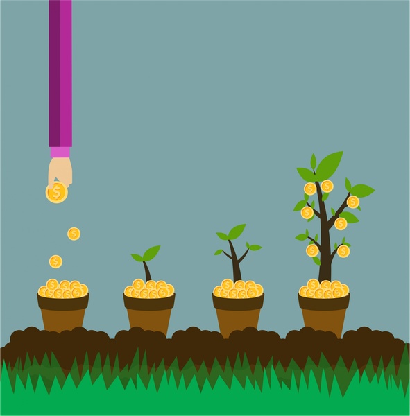 ilustrasi konsep investasi dengan tangan tumbuh pohon koin
