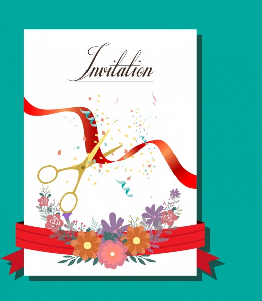 Plantilla de tarjeta de invitacion de corte de cinta cubierta de flores de adorno
