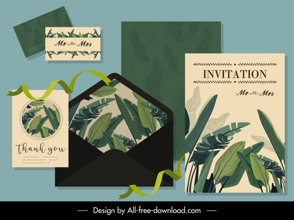 招待状カード テンプレート古典的な緑の葉の装飾