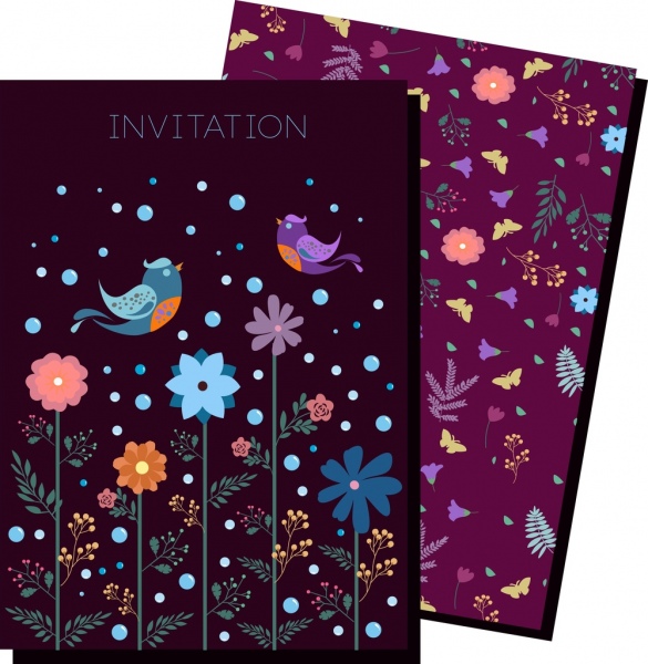 Plantilla de tarjeta de invitacion de aves de adorno de flores de color violeta oscuro