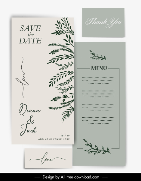 plantilla de tarjeta de invitación elegante clásico hojas boceto