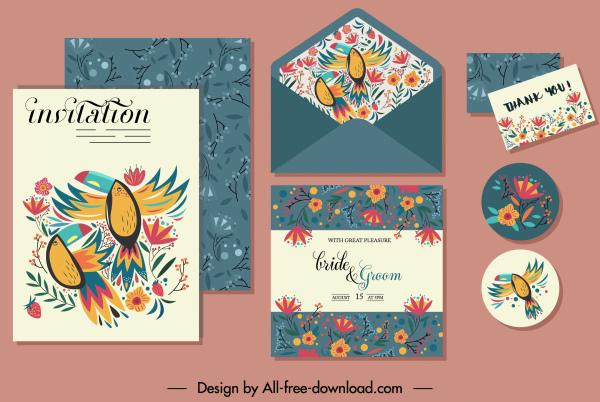 undangan kartu template alami burung bunga sketsa