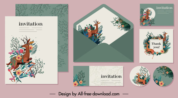 招待状カード テンプレート自然トナカイ花装飾