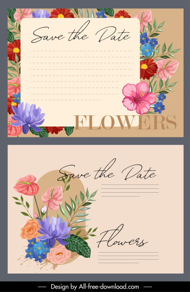 templat kartu undangan warna-warni dekorasi retro flora elegan