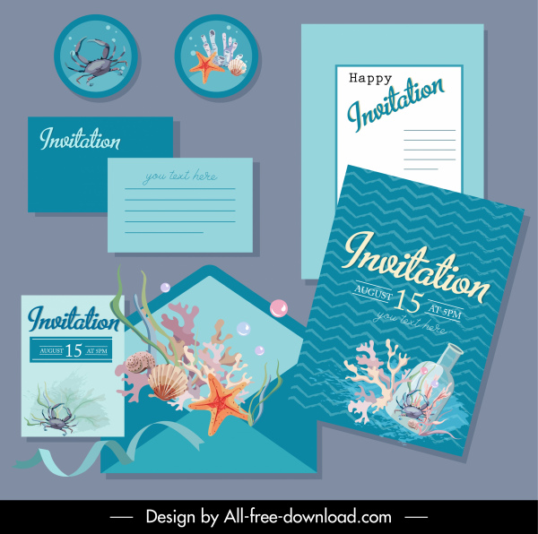 davetiye kartı şablonları zarif deniz unsurları dekoru
