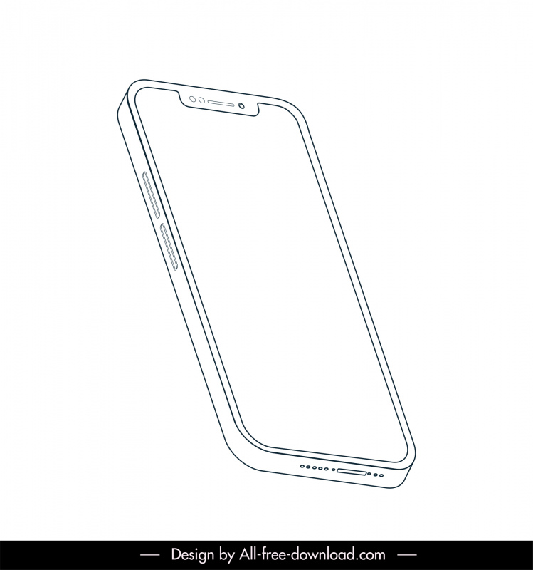 Ikon iPhone 13 Hitam Putih 3D Garis Besar Perspektif Sisi Depan Realistis